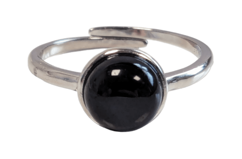 Ring aus 925er Silber, verstellbar, rund, schwarzer Turmalin A, 8 mm